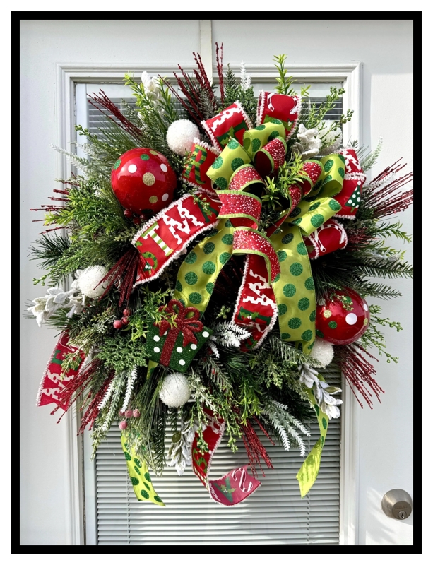 Whimsical Christmas Wreath with Peppermint Candy Theme and Multi Ribbon Bows