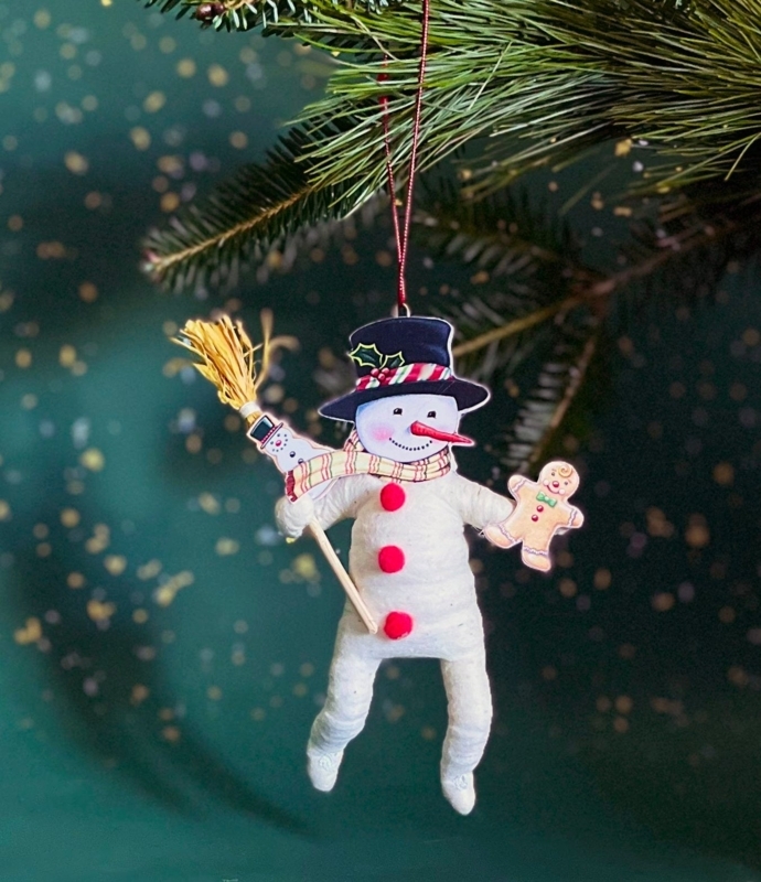 Whimsical Snowman Figurine, Blue Snowflake Sweater and Bottle Brush Tree