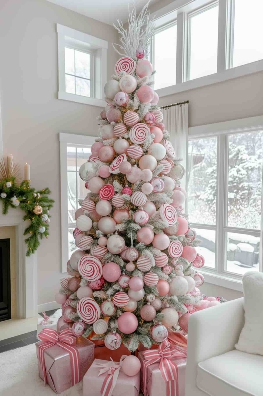 Whimsical White Flocked Christmas Tree Decorated with Ornaments.
