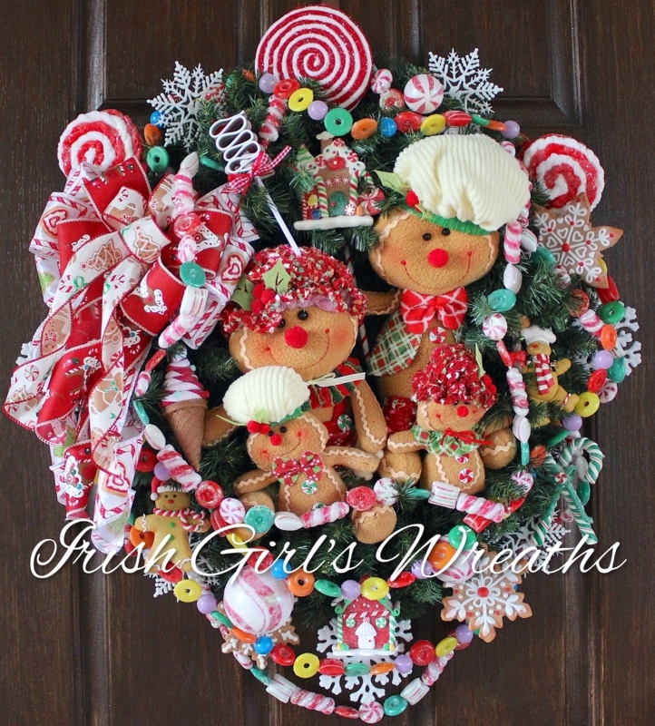 Whimsical Wreath with Gingerbread Family and Peppermints