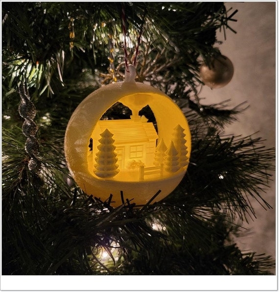 White 3D Ornament: Miniature Cabin, Bottle Brush Trees, Snow Base