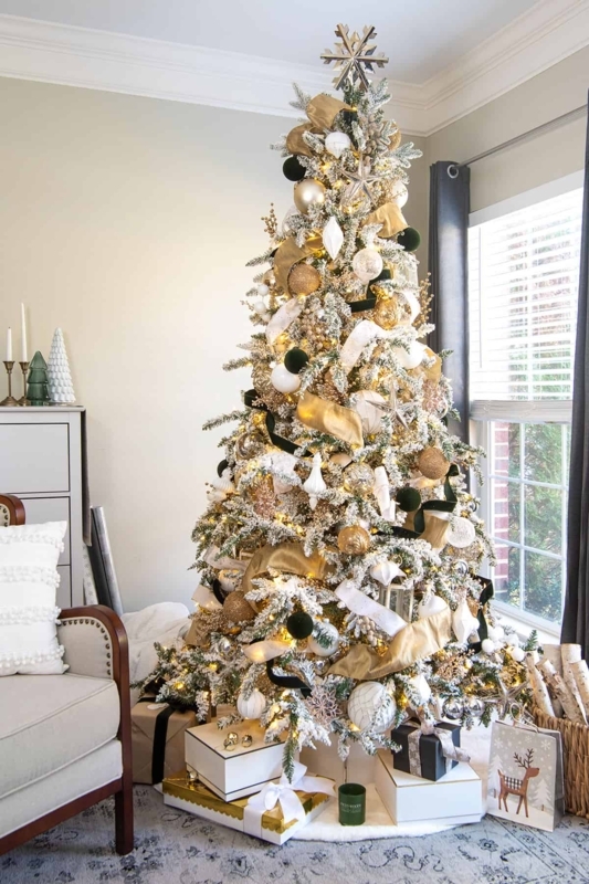 White and Gold Christmas Tree with Heavy Flocking and Monochromatic Decor