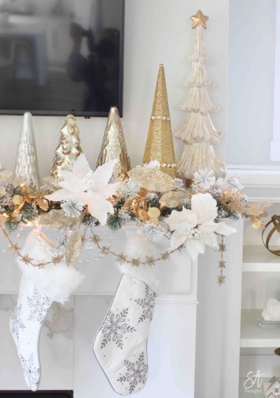 White and Gold Holiday Mantel Living Room Decor with Floral Garland and Sequin Ornaments