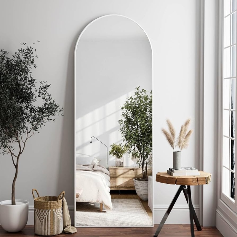 White Arched Floor Mirror, Easel Stand for Scandinavian Dressing Room