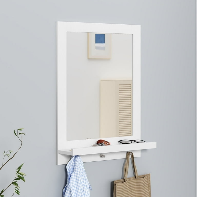 White Arched Wall Mirror with Integrated Shelf and Lower Hanging Hooks