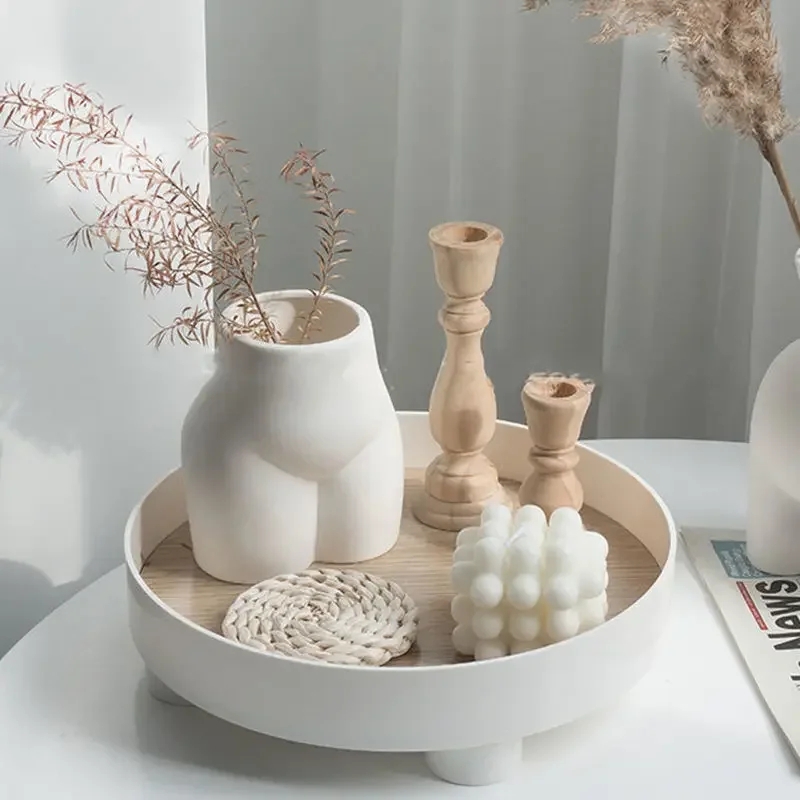 White Decorative Tray Matte Round Ball Feet Pedestal Scandi Style