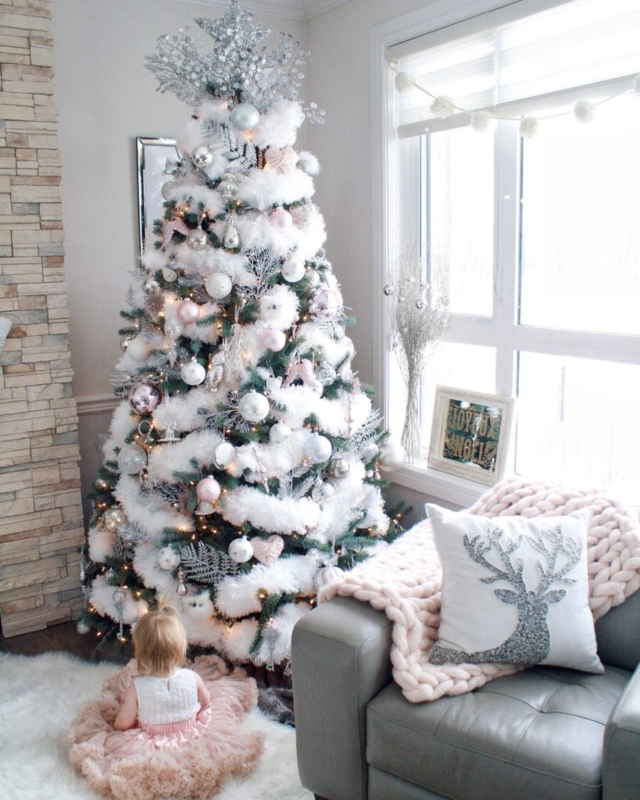 White Feathered Christmas Tree Ideas with Feathered Branches and Pink Accents