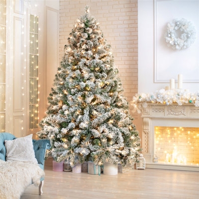 White Flocked Artificial Christmas Tree, Dense Pre-Lit Warm Glow