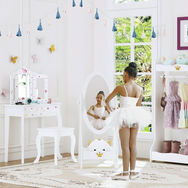 White Full Length Kids Mirror, Tilting Frame & Storage Cubby