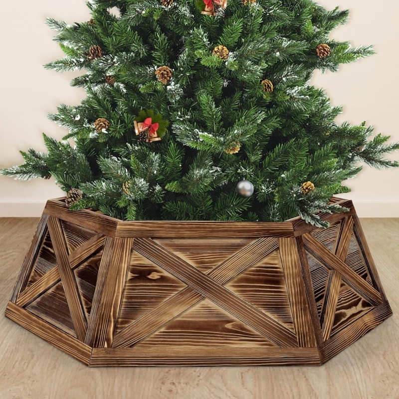 White Hexagon Tree Collar X Pattern Panels Farmhouse Matte Finish