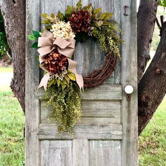 White Hydrangea Farmhouse Wreath with Long Leaf Greens