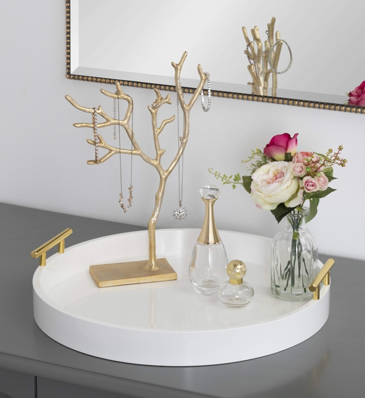White Lacquer Round Decorative Tray Gold Rim Handles Glam Decor