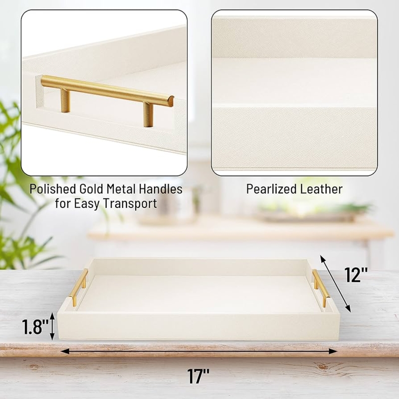 White Leather-Like Serving Tray with Gold Handles for Modern Vanity