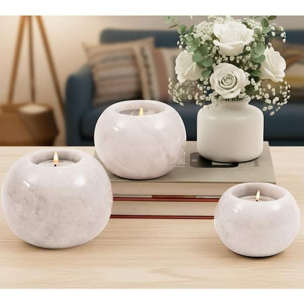 White Marble Tealight Holders Cylindrical Set Minimalist Decor
