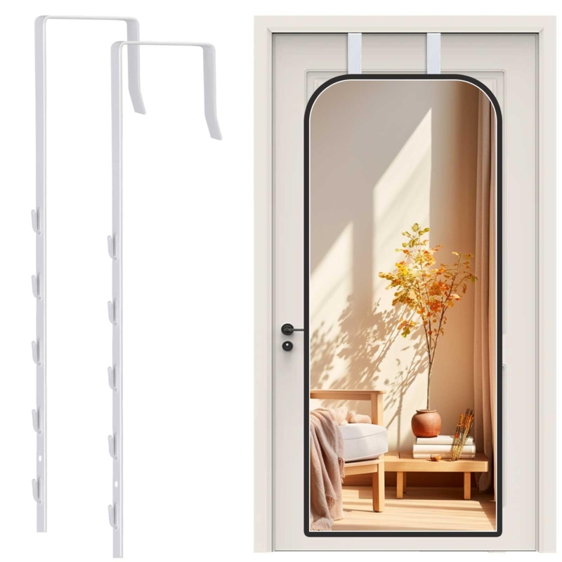 White Mirror Hanger Brackets with Protective Lining Over Door Hardware