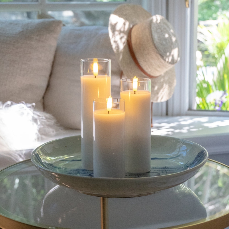 White Pillar Flameless LED Glass Candle Set of 3 - With Remote and Tim   Sandstone and Sage
