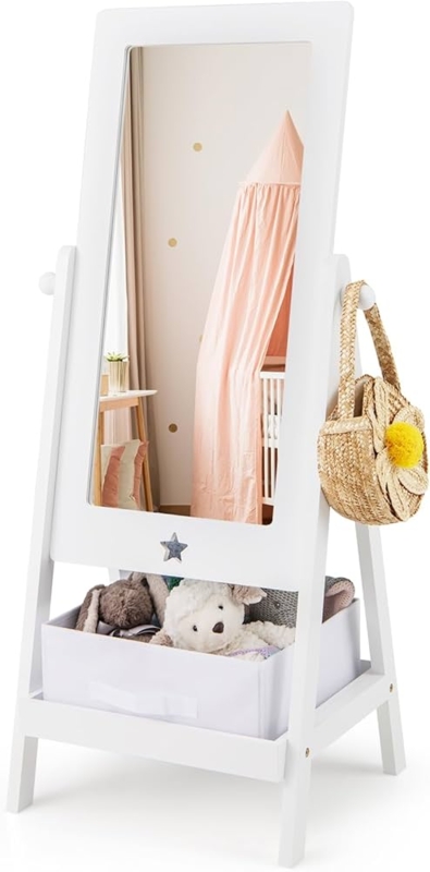 White Rotating Kids Floor Mirror, Crown Top & Storage Shelf