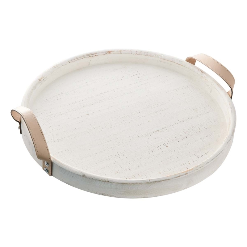 White Round Wooden Decorative Tray Painted Finish Coastal Farmhouse Decor
