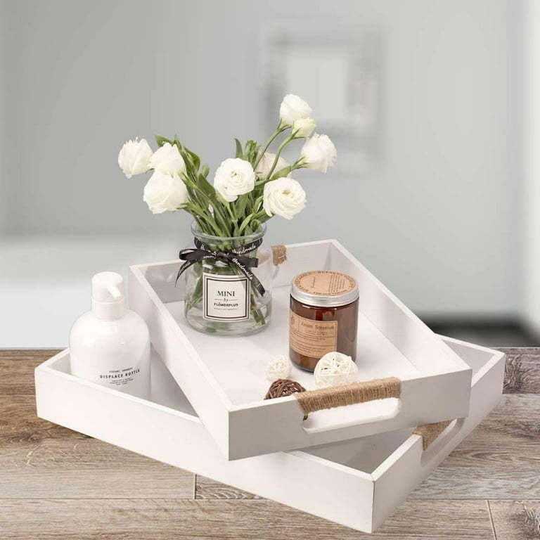 White Serving Tray Set: Two Nesting Wooden Trays with Cutout Handles