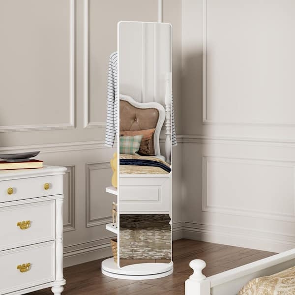 White Swivel Full Length Floor Mirror with Hidden Storage Shelving