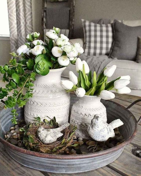 White Textured Vases with Bird Nest Decor in Metal Tray