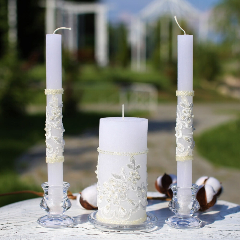 White Unity Candle Set Lace Wrap Rhinestone Brooch Traditional Wedding