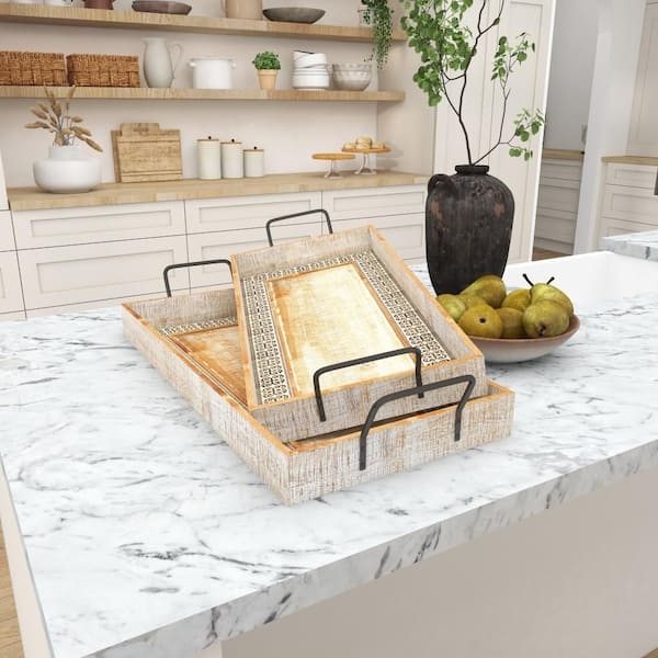 Whitewashed Decorative Tray with Geometric Carving for Kitchen