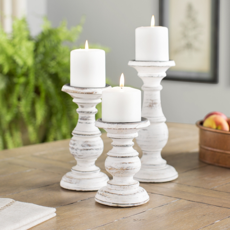 Whitewashed Pillar Candle Holder Set, Turned Wood Farmhouse Decor