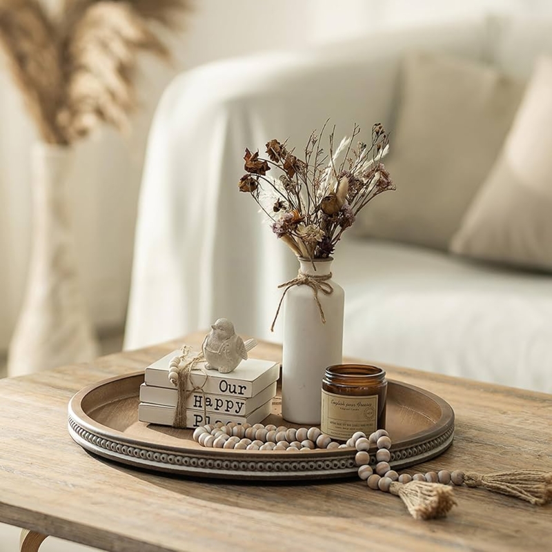 Whitewashed Round Decorative Tray featuring Beaded Rim Detail