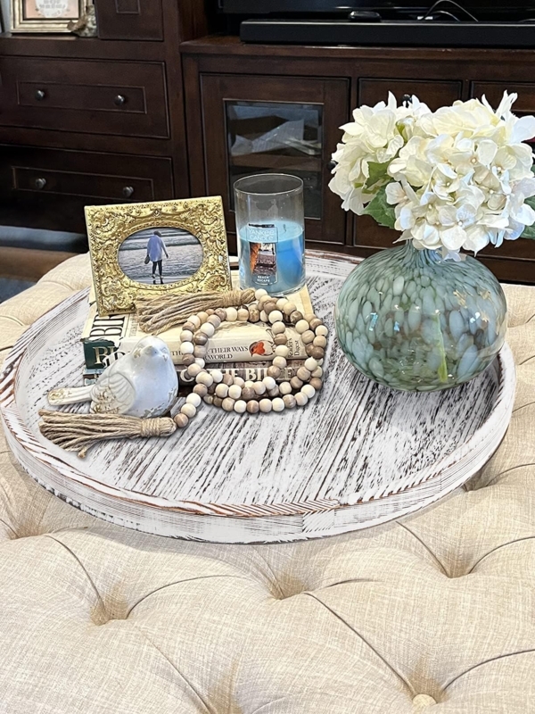 Whitewashed Round Serving Tray for Farmhouse Ottoman Decor