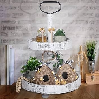 Whitewashed Tiered Tray with Metal Ring Handle for Rustic Serving