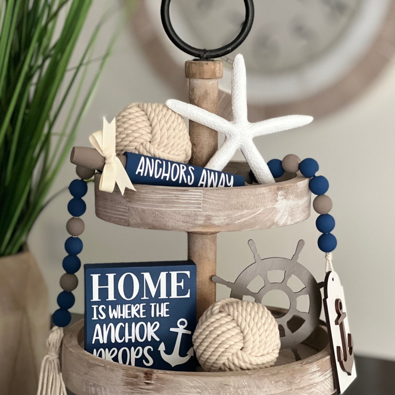 Whitewashed Two Tiered Tray Nautical Decor Bundle Beaded Garland Coastal