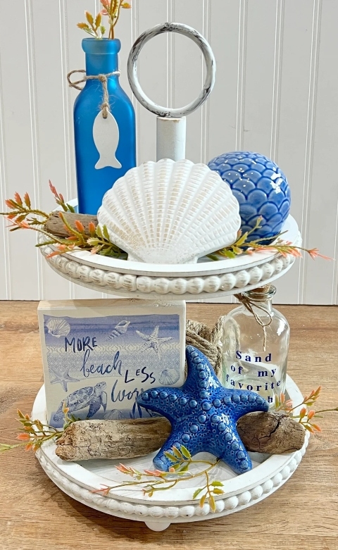 Whitewashed Two-Tiered Tray with Beaded Trim for Coastal Decor