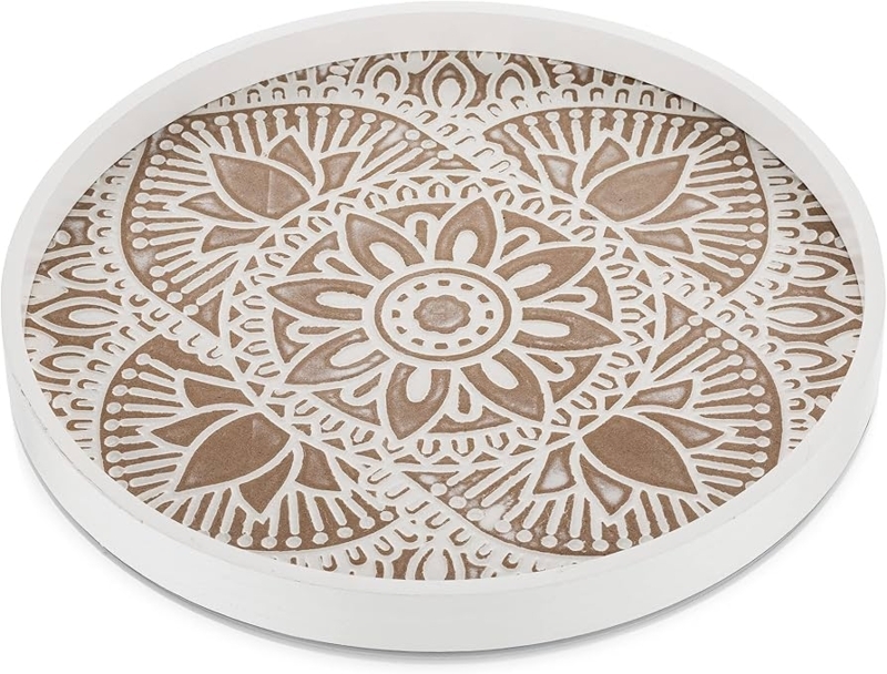 Whitewashed Wood Tray, Carved Mandala and Metal Handles for Farmhouse