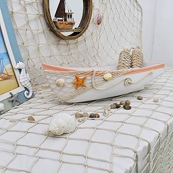 Whitewashed Wooden Boat Tray with Integrated Netting Rope Coastal Decor