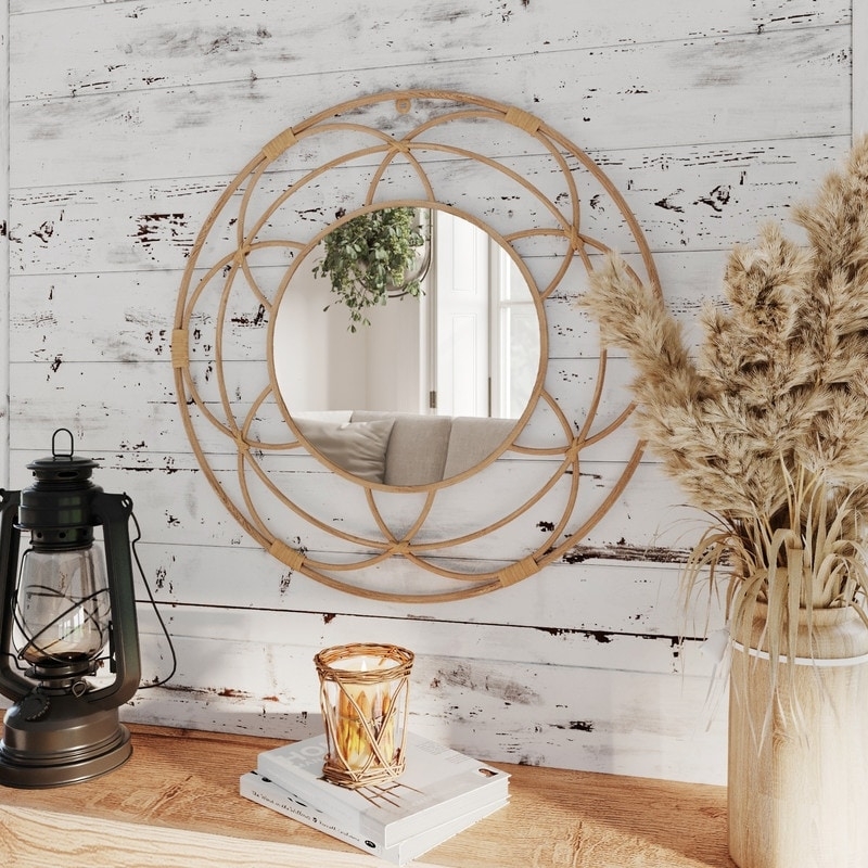 Wide Frame Round Wall Mirror with Textured Wood Tone, Earthy Decor