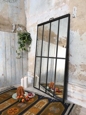 Window Pane Mirror, 15-Pane Grid Design, Weathered Metal Frame, Vintage