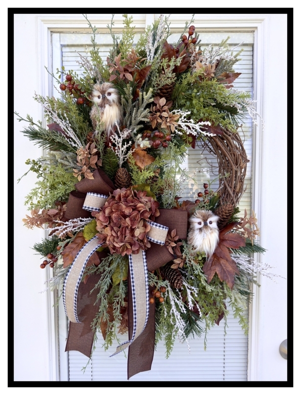 Winter Owl Wreath with Frosted Needles and Mixed Pinecones