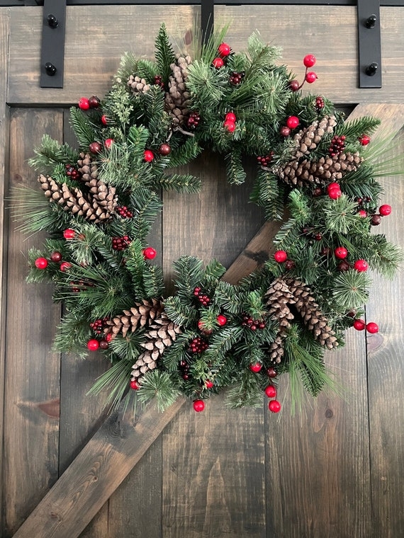 Winter Wreath with Frosted Eucalyptus, Juniper Branches, Modern Farmhouse
