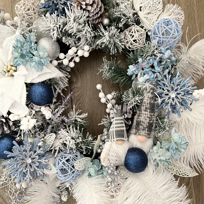 Winter Wreath with Plush Gnomes, Ice Blue Theme, Whimsical Holiday Decor