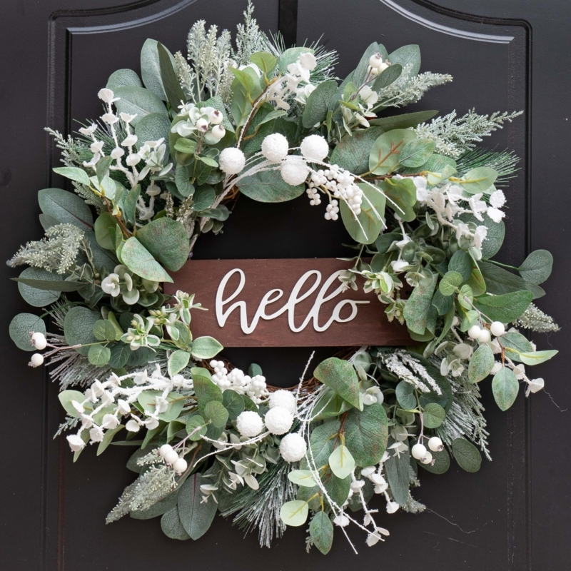 Winter Wreaths with Hello Sign, Snow Dusted Leaves, Rustic Farmhouse Style