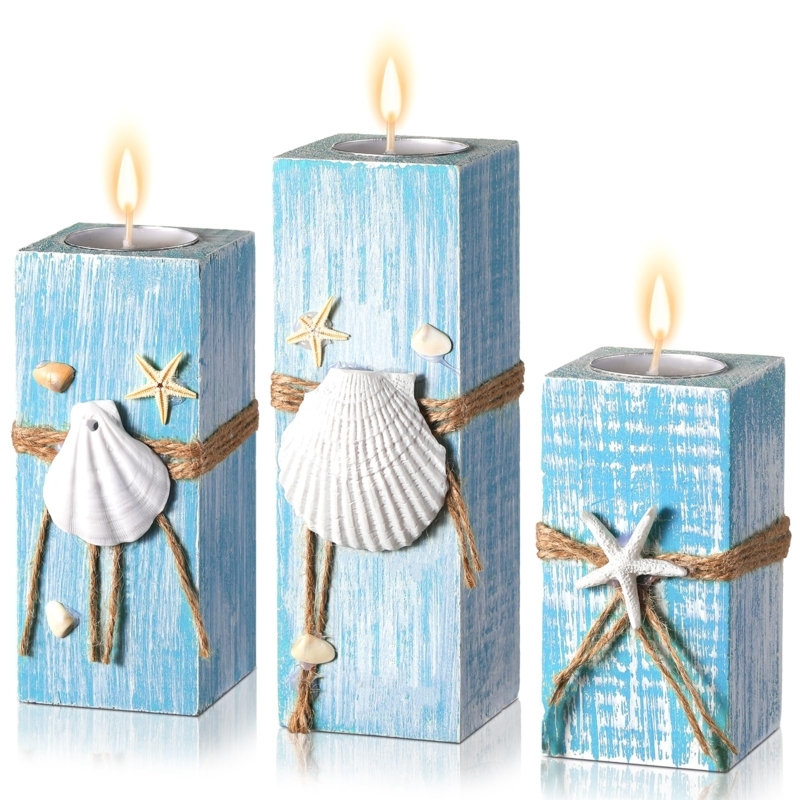 Wood and White Tealight Holder Set featuring Nautical Silhouettes