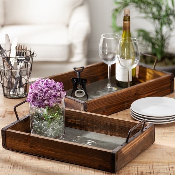 Wood Base Decorative Tray Set with Black Metal Wire Mesh Sides