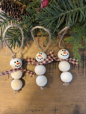 Wood Bead Snowman Ornaments, Set of 3 with Fabric Scarves