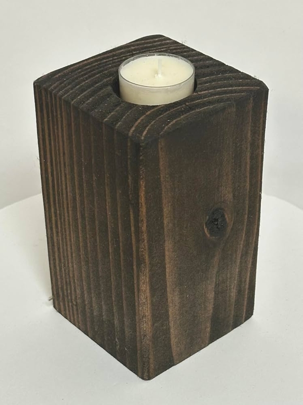 Wood Block Candle Holder, Dark Brown Finish, Tea Light Recess Form