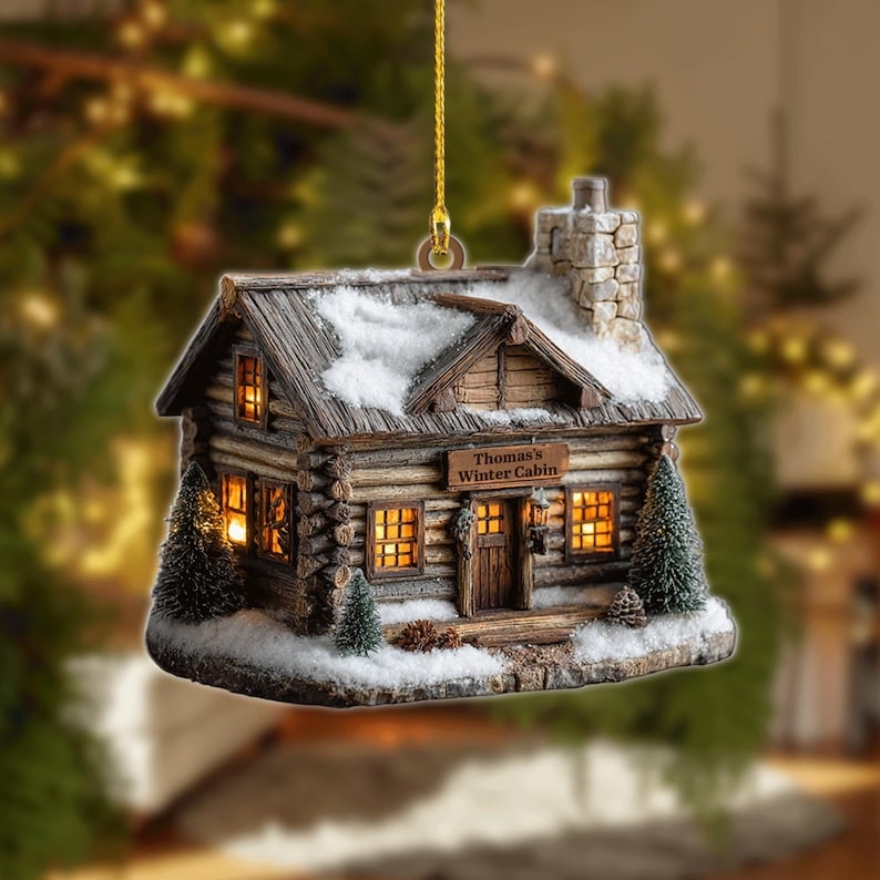 Wood Cabin Ornament with Personalized Text in Flat Profile Design
