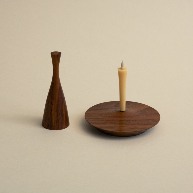 Wood Candle Holder Set with Matching Snuffer, Minimalist Round Base