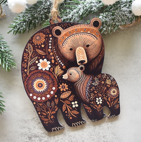 Wood Holiday Ornament: Bear Silhouette, Hand Painted Folk Art Florals
