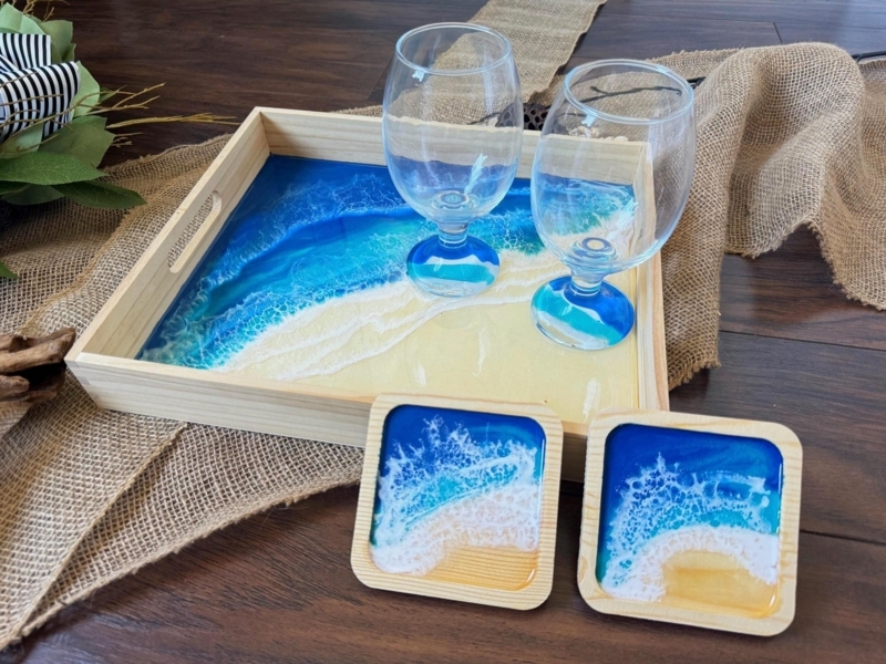 Wood Serving Tray with Ocean Wave Resin Art and Cut Out Handles