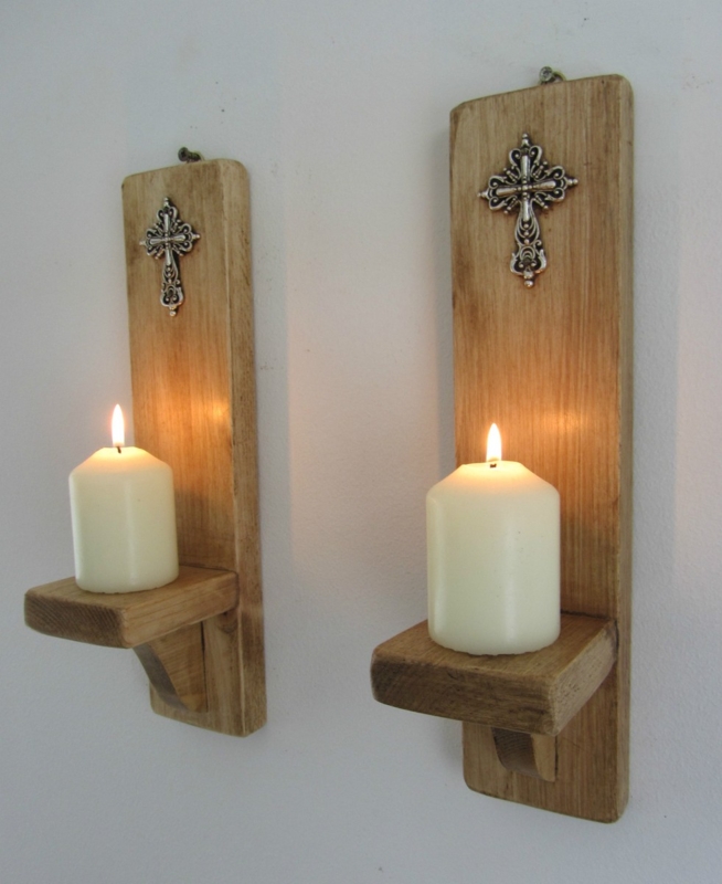 Wood Toned Wall Sconce LED Candle Holder Silver Cross